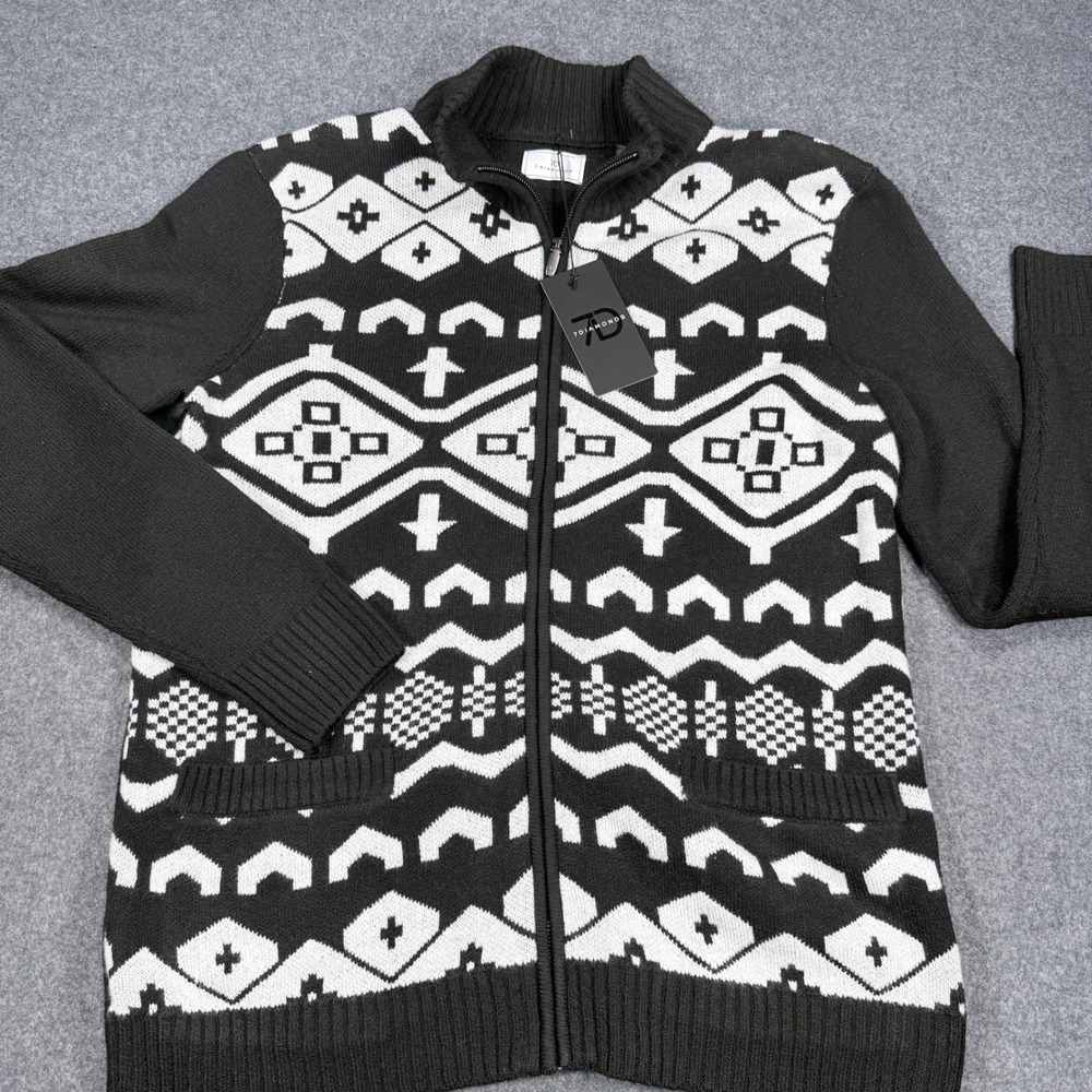 7 Diamonds Telluride Mens XL Black White Geometric Full Zip Sweater SWM-8699 NEW